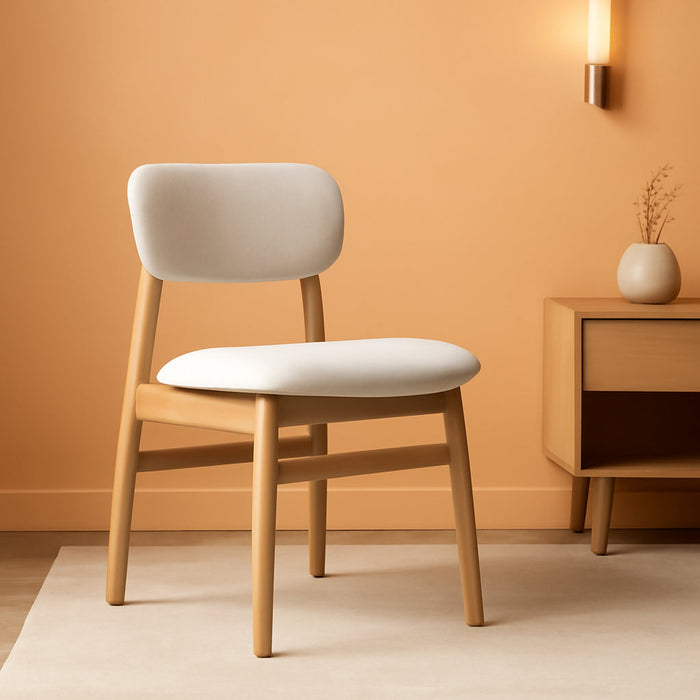 Upholstered Dining Chairs Set of 2, Mid Century Modern Kitchen & Dining Room Chairs, Solid Wood Frame in Oak, Chenille Fabric in Cream (White)