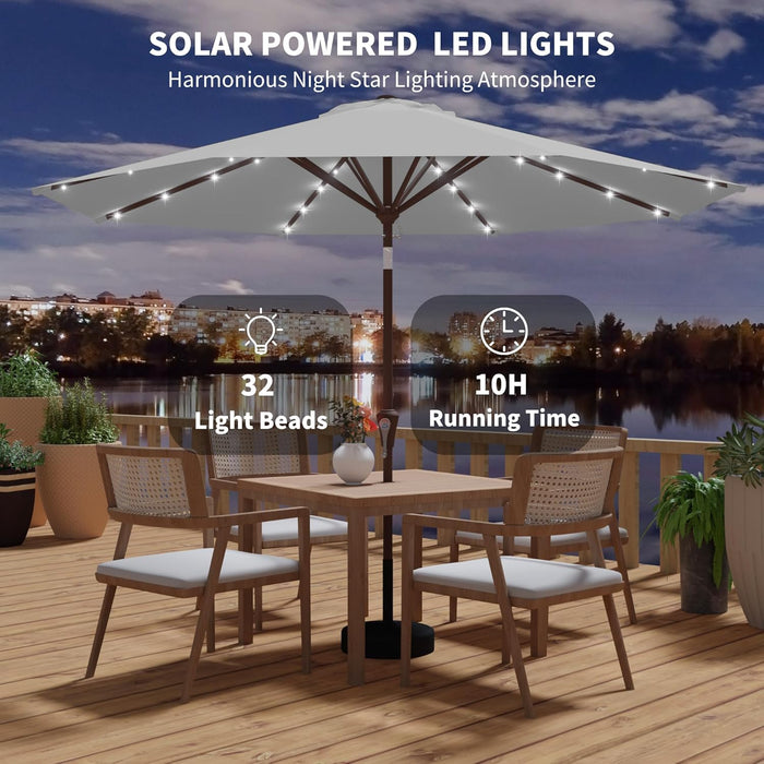 10FT Outdoor Patio Umbrella with Solar Lights, Market Table Umbrella with Push Button Tilt & Crank, 8 Sturdy Ribs, 32 LED Lights, UV Protection for Garden Lawn Deck Backyard Pool (Light Grey)