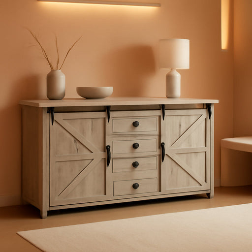 60" Wide Farmhouse Sideboard Buffet Cabinet, Light Rustic Oak