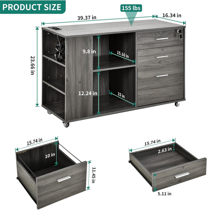 Grey Filing Cabinet with Charging Station & Lock