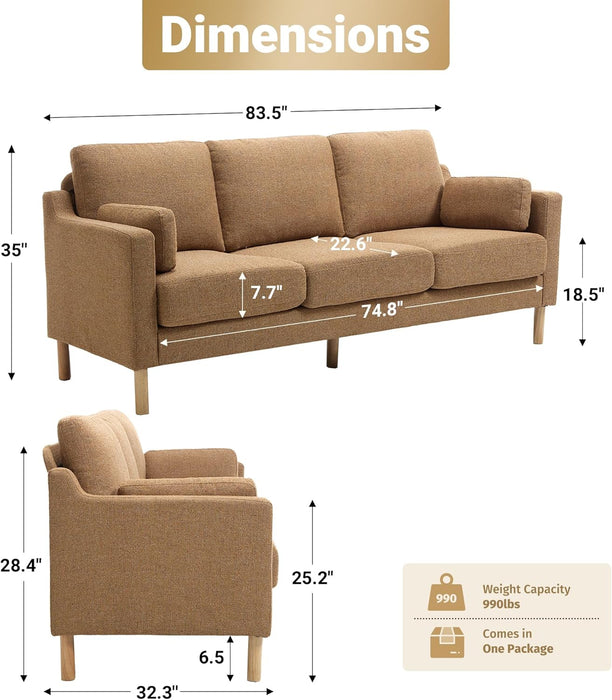 Ginger LinenFabric 83.5 Inches DeepSeat Upholstered Sofa