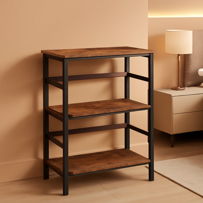 3 Tier Bookshelf, 23.6"L Industrial Bookcase, Record Storage Rack with Side Fence, Wood Storage Shelf with Metal Frame, Rustic Open Display Shelf for Living Room, Bedroom, Rustic Brown BF86CJ01