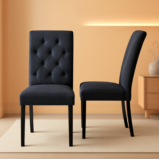 Set of 2 Upholstered Fabric Dining Chairs with Button-Tufted Details (Black)