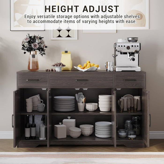 55 in Large Buffet Sideboard Cabinet with Storage 4 Doors and 3 Drawers Kitchen Storage Cabinet Coffee Bar Buffet Table for Dining Room, Living Room, Adjustable Shelf