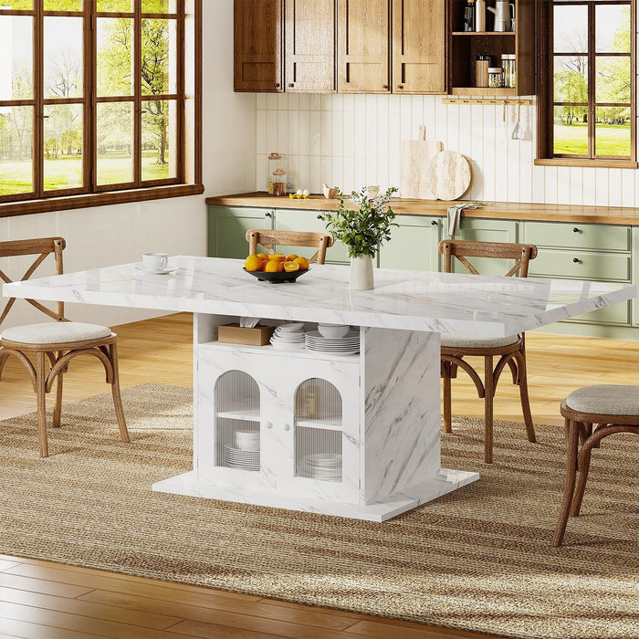 63" Modern White Faux Marble Dining Table for 6 with Storage Cabinet | Rectangular Kitchen Dinner Table with 3-Tier Shelves and an Acrylic Door, Seats 4-6,Table Only for Dining Room and Apartment