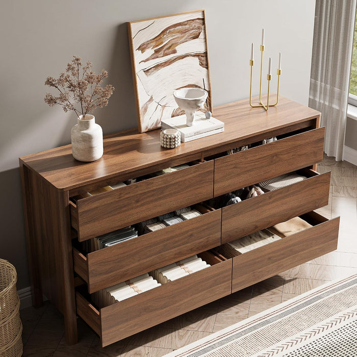 Walnut 6 Drawer Dresser for Bedroom, 55"Wide Modern Wood Dresser