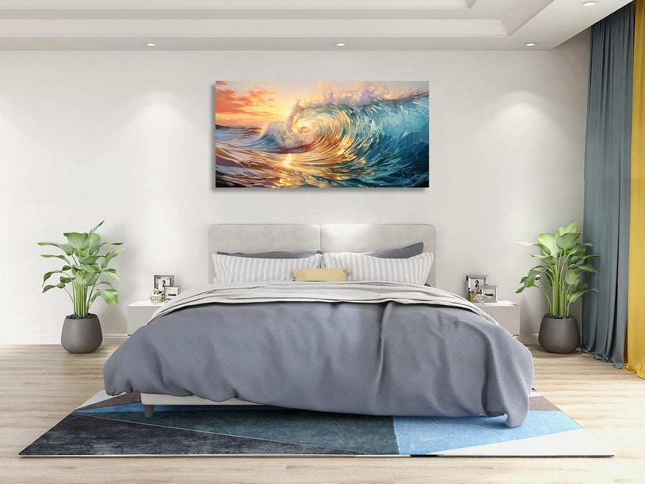 Wall Art Canvas Painting Big Waves in the Sea 1 Piece Ocean Sunset Huge Waves Nature Picture Poster Print Framed Ready to Hang for Living Room Bedroom Artework 71X36Inch