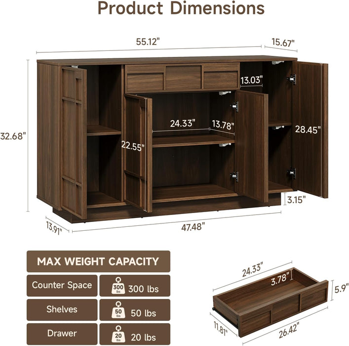 Buffet Cabinet with Storage Drawer & Built-In Lights, 55" Wood Sideboard | Credenza Storage Cabinet with 4 Doors, Coffee Bar for Kitchen, Living Room, Mid Century Modern Style, Skeleton Lines, Walnut