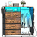 Dresser for Bedroom with Clothes Rack Side Pockets 5 Drawer Dresser with Charging Station LED Lights Black Storage Chest of Drawers for Hallway Closet Sturdy Steel Frame Wood Top (Brown)