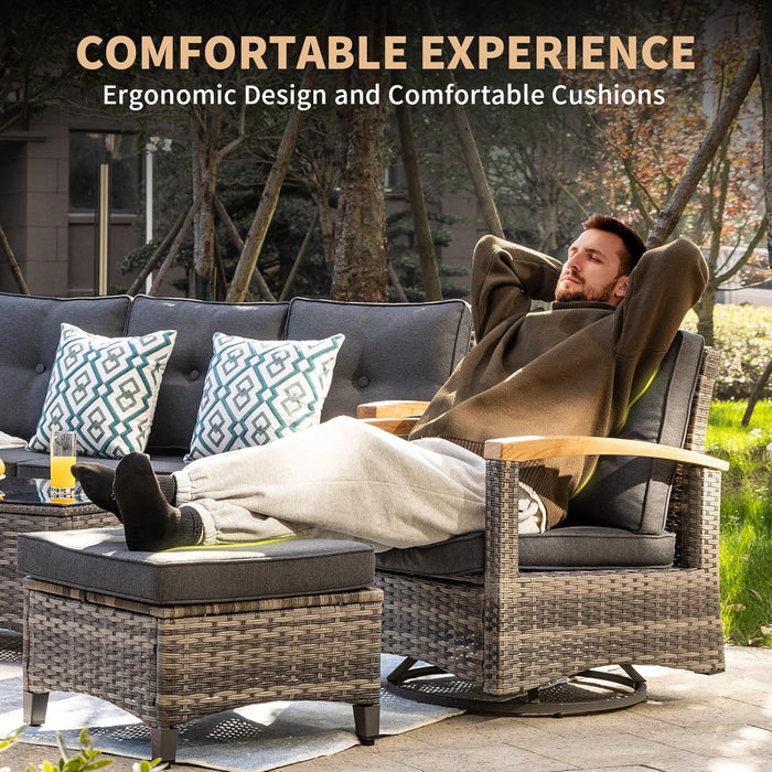 7 Pieces Patio Furniture Sets,Outdoor Rattan Furniture Conversation Sets with 2 Wood Armrests Swivel Rocker Chairs, 2 Ottoman, 2-Seat Sofa and Coffee Table(Grey)