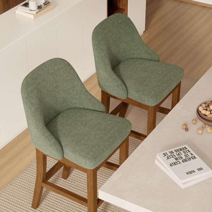 Bar Stool Set of 2, 26" Upholstered Counter Height Stools | Comfortable Chenille Fabric Barstool, Solid Wood Legs and Footrest, Bar Chair with Back for Kitchen Island, Green