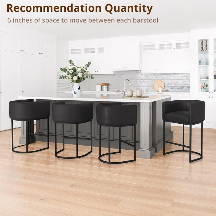 Counter Height Bar Stools Set of 3, Modern Barrel Counter Stools with Backrest and Arms, Black Metal Frames, Faux Leather Upholstered Accent Barstools for Kitchen Island, Black