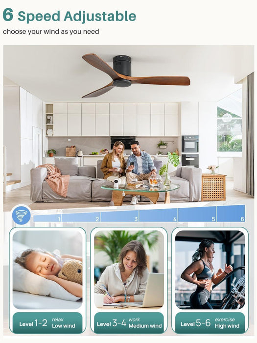 52 Inch Solid Wood Ceiling Fan without Lights Flush Mount Ceiling Fan with Remote Control-Wood Blades Modern Outdoor Ceiling Fans No Light for Bedroom/Farmhouse/Patio/Indoor, Brown Black