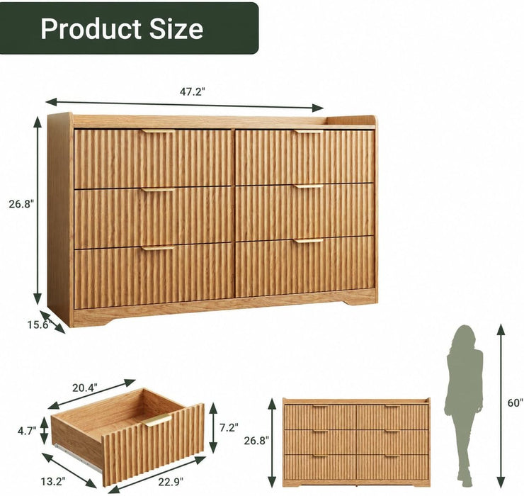 Fluted Modern 6 Drawer Dresser for Bedroom, 47"W X 26"H, Natural Oak