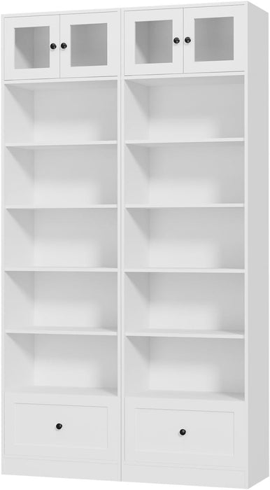 85.5" Tall Display Cabinet with Drawer, 7 Tier White Bookcase with Open Shelves and Glass Door, 23.8" Wide Curio Storage Cabinet for Living Room, Home Office, Study (2-Pack)