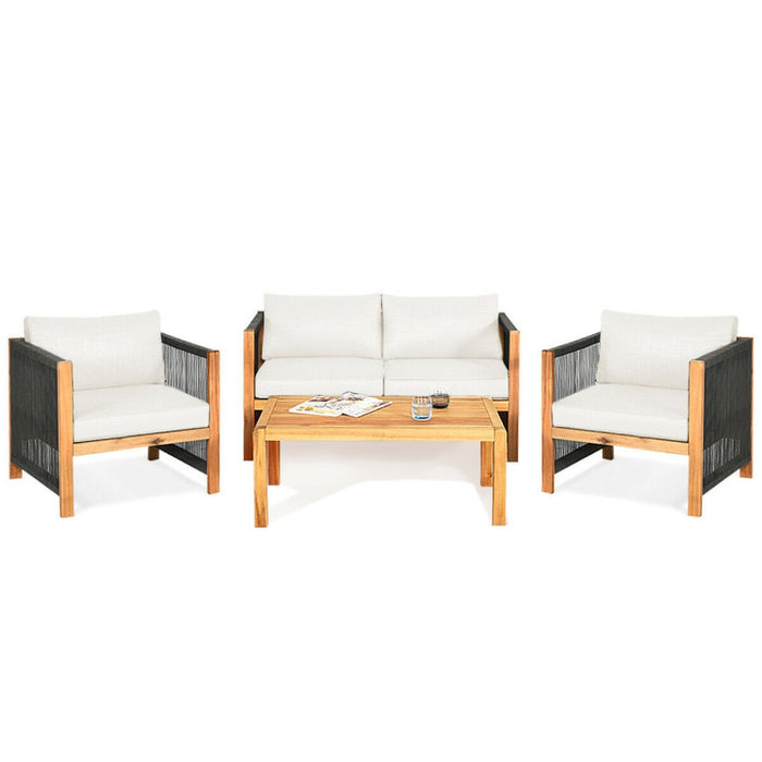 4 Pieces Acacia Wood Sofa Set with Cushions for Outdoor Patio