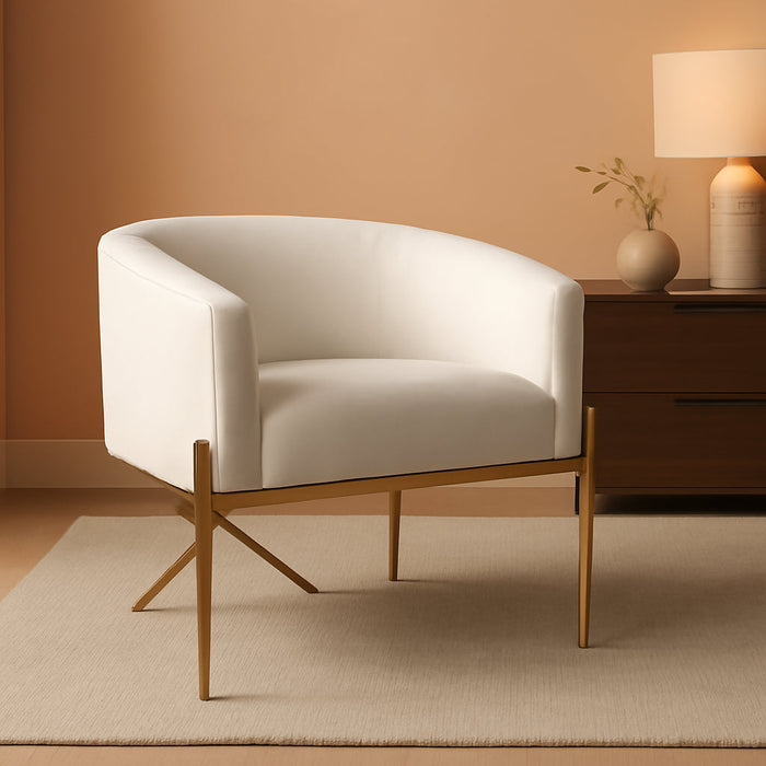 Arm Chair for Living Room and Dining Room with Upholstered Easy Clean Velvet and X Shaped Gold Legs, Ivory