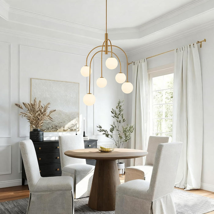 6 Lights Mid Century Modern Chandelier, Milk Glass Globe Chandelier Light Fixture with Gold Metal & White Ball, Large Pendant Lighting Ceiling Hanging for Dining Room Kitchen Island Entryway