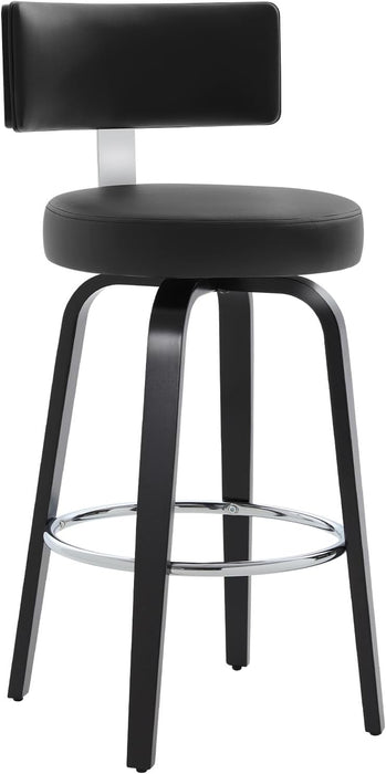 Swivel Counter Height Bar Stools Set of 3, 29" Upholstered Faux Leather Barstools with Back, Mid Century Modern Counter Stools with Black Walnut Wood Legs for Kitchen Island, Black