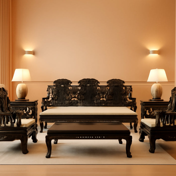 Dark Cherry Rosewood Mother of Pearl Motif Oriental Living Room Set (8Pcs) - with Free inside Delivery