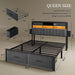 Queen Size with 2 Storage Drawers and Charging Station, Linen Upholstered Platform Bed with Storage Headboard and LED Light, Heavy Duty Metal Support, No Box Spring Needed, Noise Free, Dark Grey