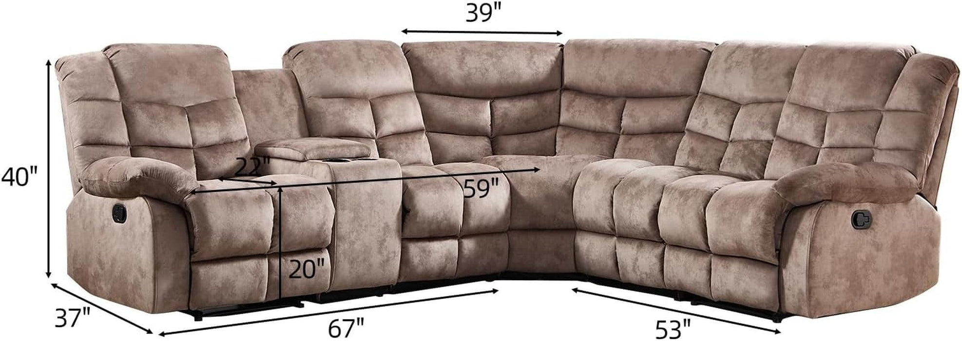 Manual Reclining Sectional Sofa Set for Living Room, Soft Fabric Recliner Corner Sectional Couch with Center Console, Cup Holder and Storage, Brown