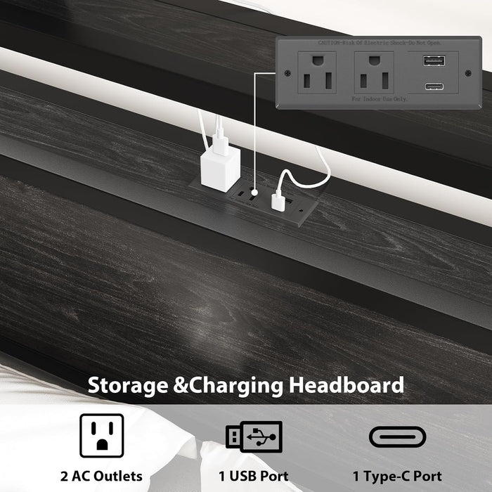 Full Size Bed Frame with LED Lights and Charging Station, Black