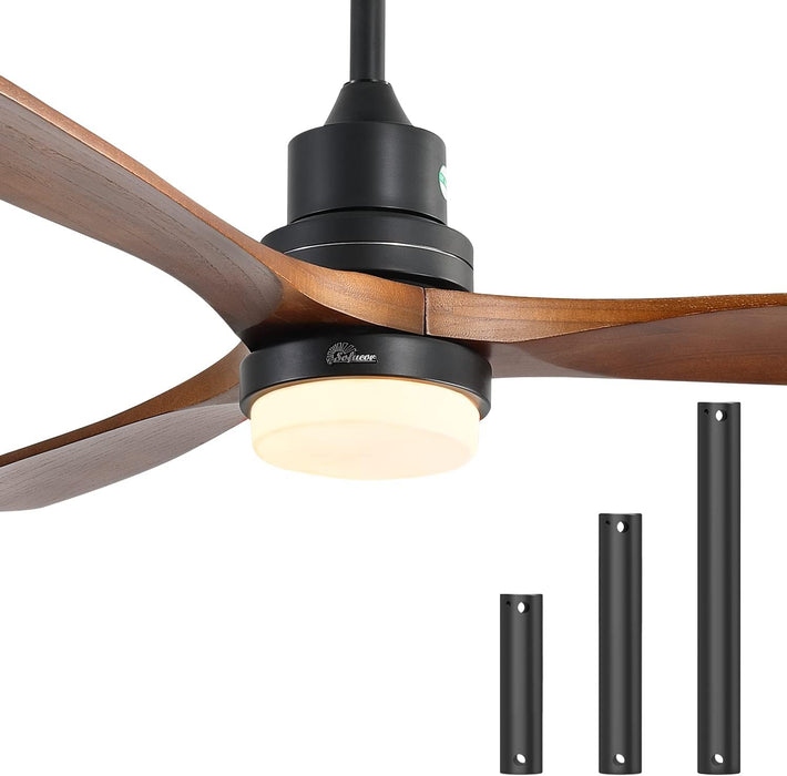 52" Ceiling Fan with Lights Remote Control, 3 Poles for Indoor Outdoor Ceiling Fan with Remote, Reversible Noiseless ETL Motor, 3 Walnut Wooden Blades