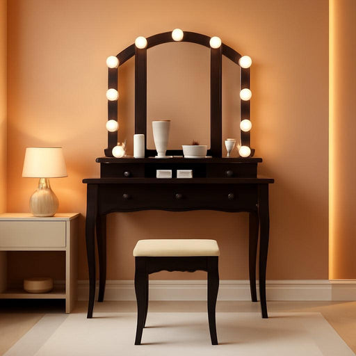 Vanity Desk, Makeup Vanity Set with Lighted Mirror and Stool, Dressing Table with 5 Drawers, 3 Light Settings & Adjustable Brightness, Espresso