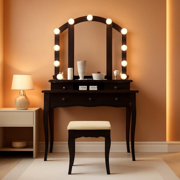 Vanity Desk, Makeup Vanity Set with Lighted Mirror and Stool, Dressing Table with 5 Drawers, 3 Light Settings & Adjustable Brightness, Espresso