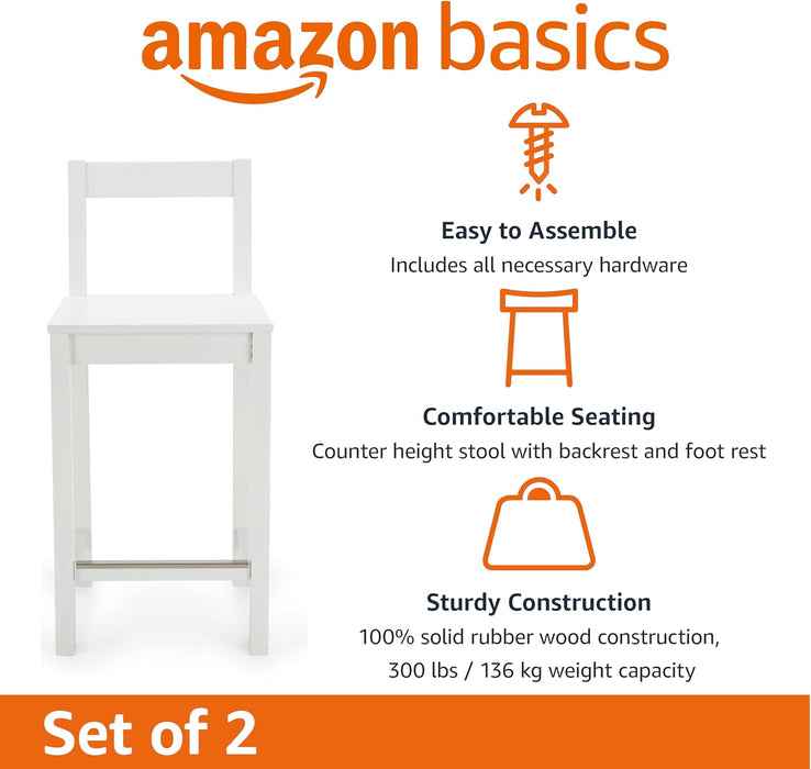 Wooden Bar Stool with Backrest, White, Set of 2