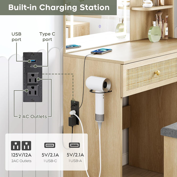 35" Boho Makeup Vanity Desk with LED Lighted Mirror & Power Strip, Wooden Dressing Table Set with Rattan Drawers, Storage Shelves and Cushioned Stool for Bedroom, for Girls Women