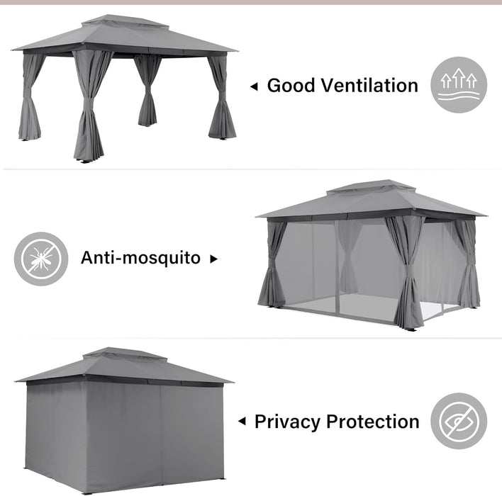 Patio Gazebo 10'X13', Outdoor Heavy Duty Party Tent Shelter with Double Roofs, Mosquito Nettings and Privacy Screens for Backyard, Garden, Lawn, Gray