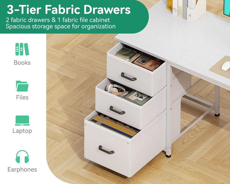 51 Inch Computer Desk with Fabric Drawers & USB Power Outlets- Reversible Home Office Desk with Storage Shelves, Work from Home, Modern Work/Writing/Study Table for Bedroom, White