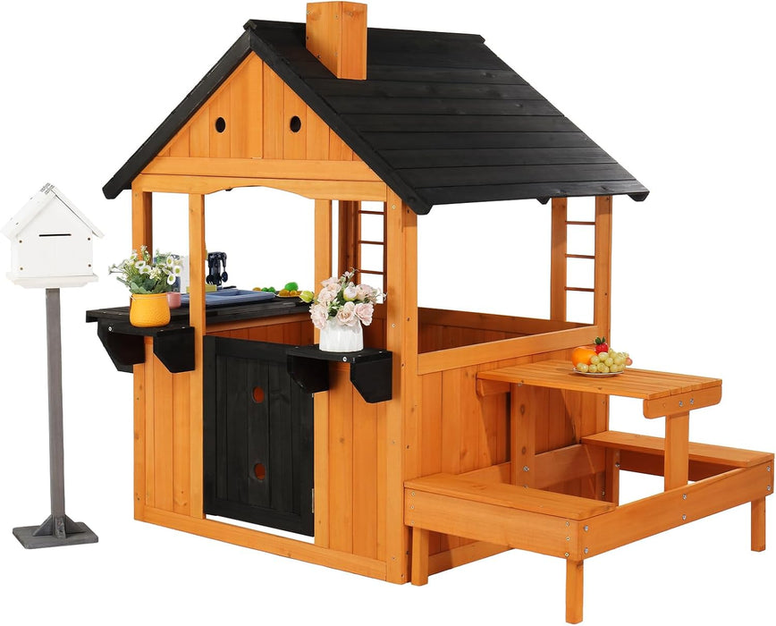 Kids Outdoor Playhouse with Sink Toys, Picnic Table, Mailbox, Spacious Wooden Toddler Playhouse for Backyard Kids 3-8Y DIY Room with Flowerpot Holders, Plastic Basin (Light Brown)