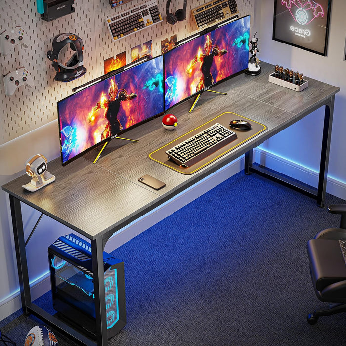 Computer Desk, 70 Inch Office Desk, Gaming Desk with Storage, Writing Desk Work Desk for Home Office, Study, Long Simple Desk, Large Legroom, Metal Frame, Grey