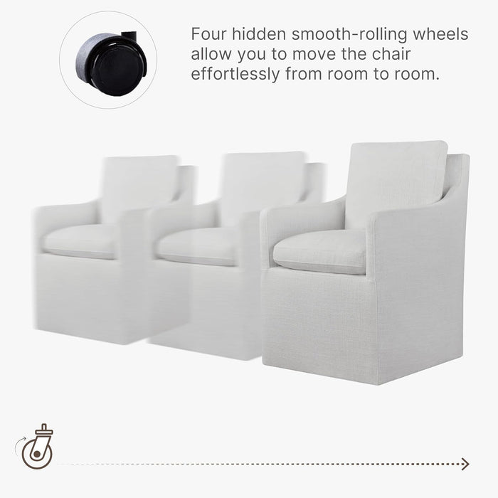 Upholstered Dining Chairs with Casters No Assembly Modern Accent Armchair with Rollers for Diningroom Bedroom Livingroom Reading Room,2 Pcs,White