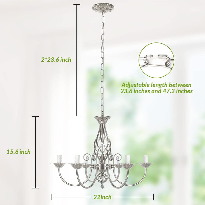 6-Light Farmhouse Candle Chandelier for Living Room, Rustic Industrial Pendant Ceiling Light Fixture, Brushed Nickle Modern Ceiling Hanging Lamp for Bedroom Hallway Kitchen Dining Room Foyer, E12 Base