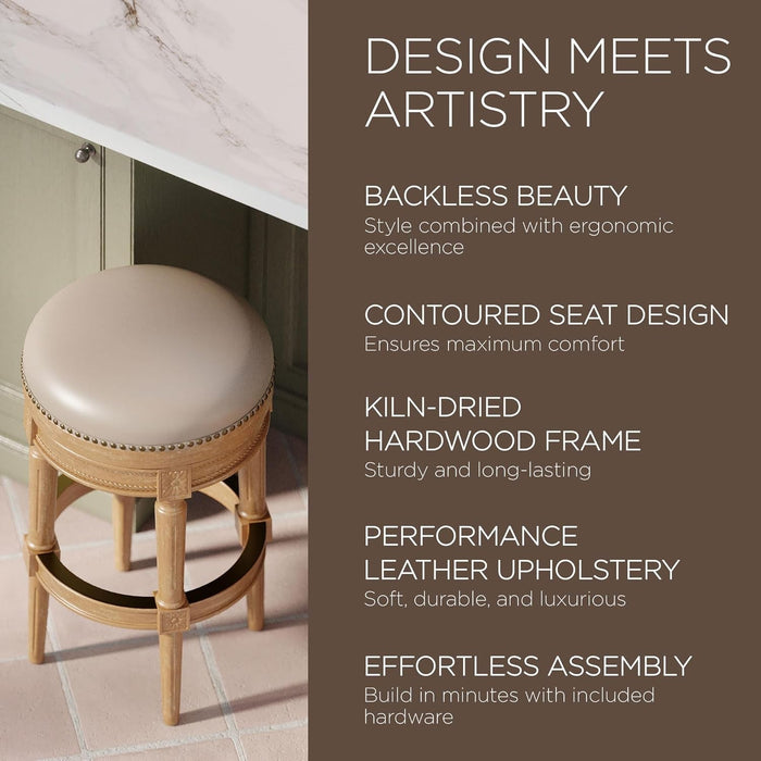 Pullman 31 Inch Tall Bar Height Upholstered Backless Barstool in Weathered Oak Finish with Avanti Brown Vegan Leather Cushion Seat