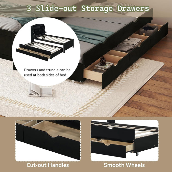 Twin Size Wooden Platform Bed with Trundle & LED Storage Headboard - 3 Drawers, Wood Twin Captain Bed with USB Outlets and Hidden Flip-Up Compartment for Kids Teens Boys Girls (Espresso)
