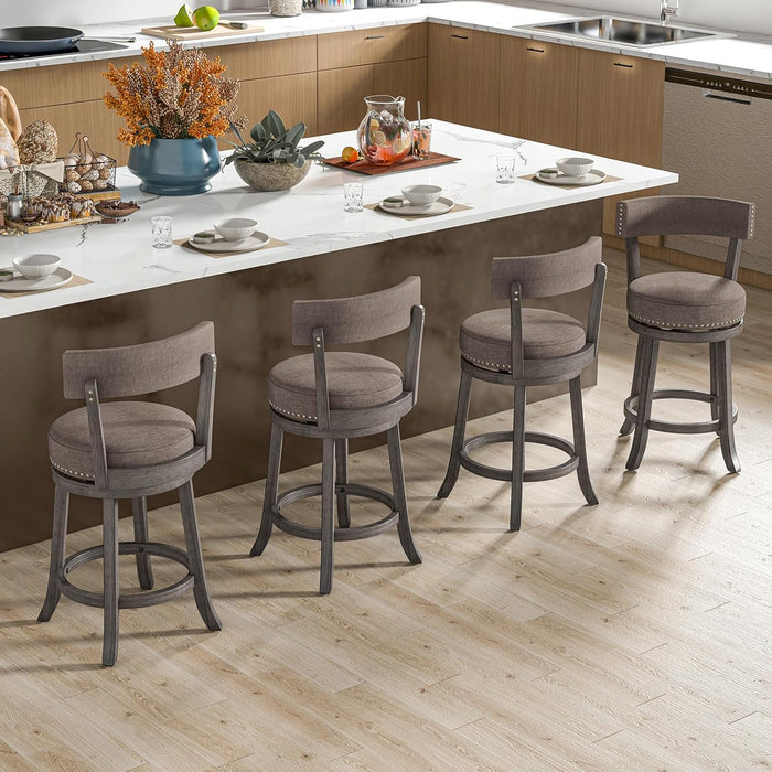 26" Bar Stools Set of 2, Swivel Counter Height Bar Chairs with Footrest, Rubber Wood Frame, Upholstered Linen Barstools with Back & Cushioned Seat for Kitchen Island, Dining Room, Pub