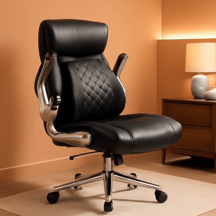 Comfortable-Office Chair with Dynamic-Lumbar Support: High Back PU Leather Executive Office Chair with Flip-Up Arms Tilt Function, Ergonomic Executive Desk Chair for Home Office Work, Black