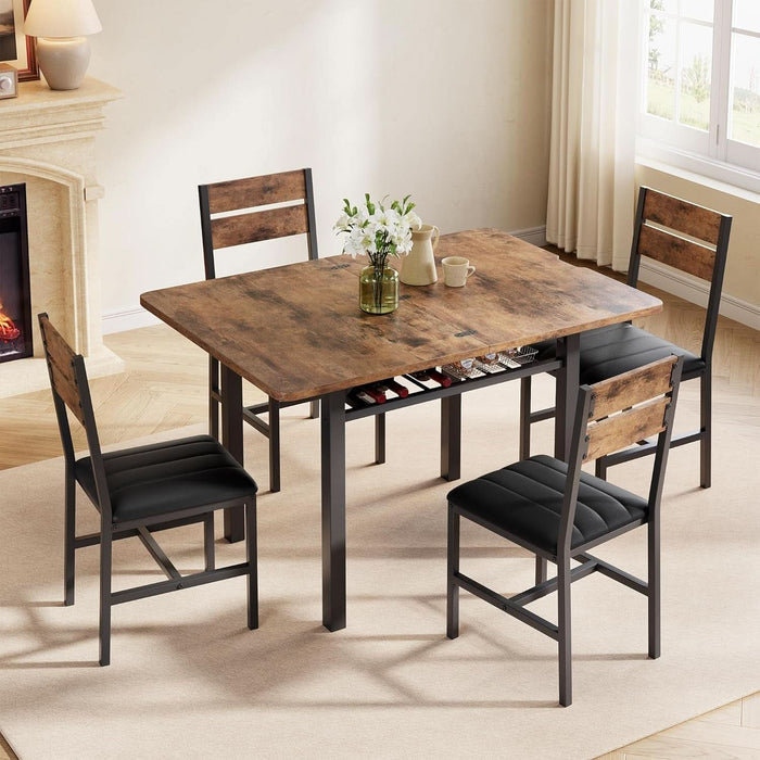 Extendable Dining Table Set for 4 with Built-In Shelf Rack Brown