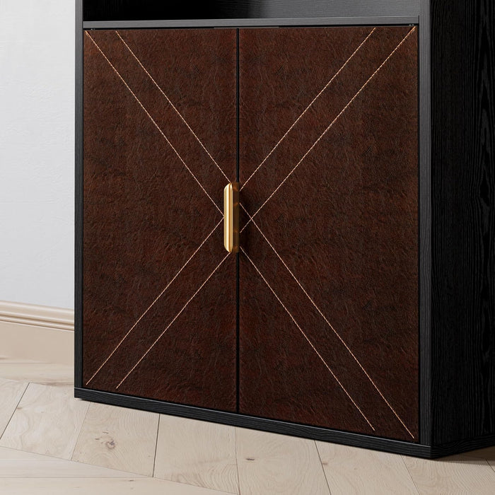 Book Shelf and Bookcase with Leather Doors, 70" Tall Bookshelf, 6 Tier Display Case Floor Standing for Home Office, Living Room, Black