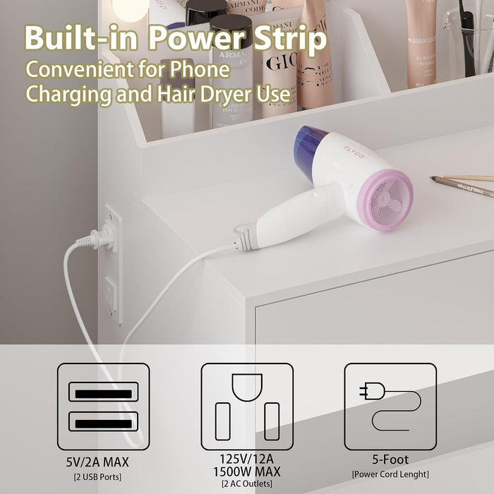 Small Vanity Desk with Mirror and Lights, Makeup Vanity Desk with Adjustable Brightness 3 Light Modes, RGB Storage Cabinet, Power Outlet, Drawer, Shelves, Vanity Table for Women Girls Bedroom