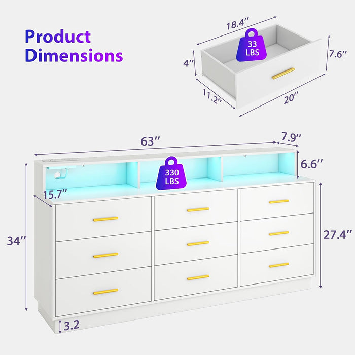 White 9 Drawer Dressers for Bedroom, Modern Large Dresser with LED Light and Power Outlet, Wooden Long Dresser for Bedroom, Entryway, Hallway