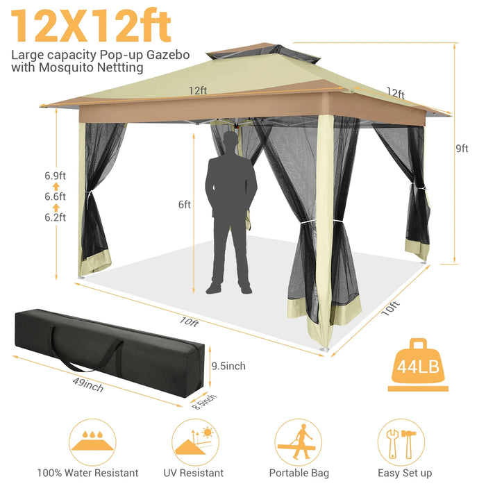 12X12Ft Outdoor Gazebo Pop up Gazebo with Mosquito Netting, Instant Patio Canopy Tent for Shade and Rain, 2 Tiered Vente Gazebo Canopy UPF 50+ for Garden Backyard with Carry Bag&4 Sandbags