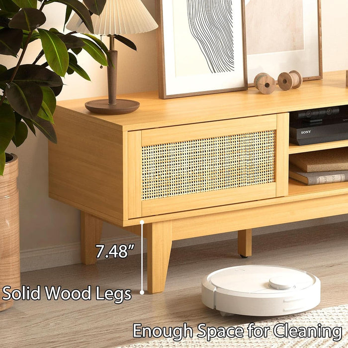 Boho TV Stand for 55 65 Inch TV, Rattan Entertainment Center with Shelves, Cabinets and Sliding Doors, TV Media Console Table with Solid Wood Feet & Cord Holes for Living Room, Bedroom, Natural