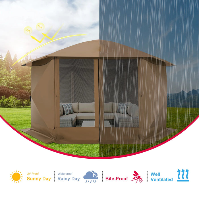 Pop up Gazebo Screen Tent Screen House for Camping,12X12 Starry Sky Gazebo with Removable Roof, Outdoor Screened Gazebo with Sidewalls, Portable Hub Tent with Carry Bag and Ground Stakes,Brown