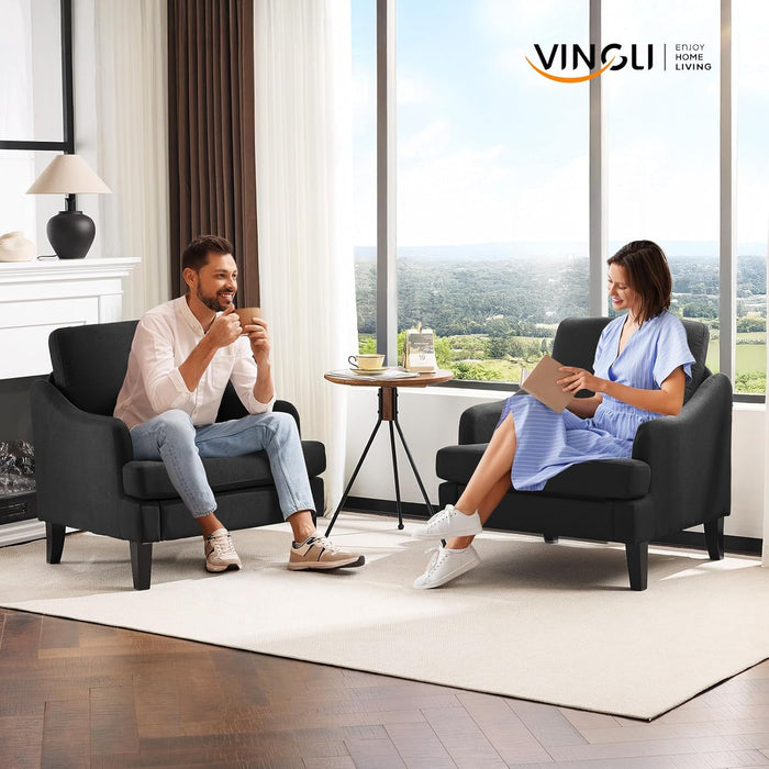 Linen Fabric Accent Chairs Set of 2, Grey Modern Upholstered Armchair, Comfy Sofa Chair Living Room Bedroom Furniture for Apartment